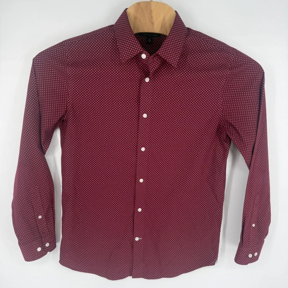 Banana Republic Mens Slim Fit Non-Iron Cotton Burgundy Polka Dot Dress Shirt M